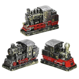 Polyresin smoke locomotives, black/red/gold 3 assorted.