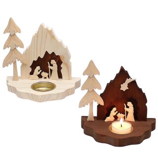 Wooden nativity scene \Holy Family\ small with tealight holder (flat carving), nature/brown 2-fold assorted.