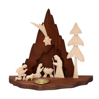 Holz Krippe "Heilige Familie" groß mit Teelichthalter (Flachschnitzerei), natur/braun