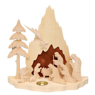Holz-Krippe "Heilige Familie" groß mit Teelichthalter, natur/braun