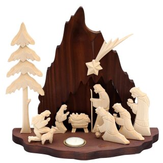 Holz-Krippe "Heilige Familie" groß mit Teelichthalter, natur/braun