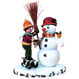 Original Hubrig folk art winter children - boy with snowman Erzgebirge