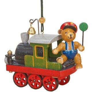Original Hubrig folk art tree ornament - locomotive with teddy bear Erzgebirge