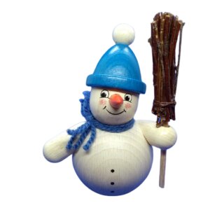 Räucherfigur - Schneemann mit Besen und blauer Mütze