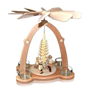 pyramida se 4 čajovými svíčkami - zimní děti s čipovým stromem, originální Krušné hory