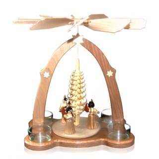 4er tea light pyramid - angel with chip tree, original Erzgebirge