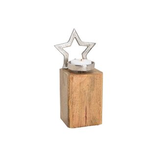 Portacandele - stella dargento in metallo, legno di mango