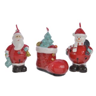 Beeldje kaars sneeuwpop/Santa/laarzen, assorti in 3 kleuren