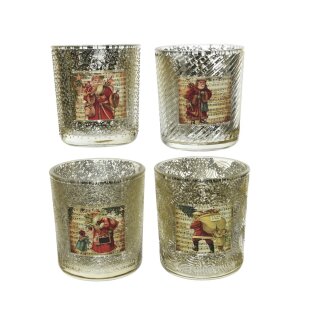 Glas-Teelicht Santa antik, 4-fach sortiert