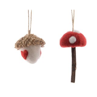 Wollen hanger eikel/paddenstoel, assorti in 2 kleuren