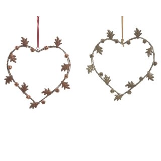 Metal heart pendant leaf copper/gold, 2 assorted