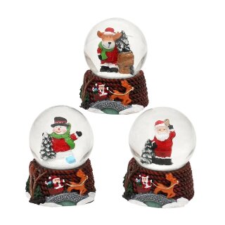 Schneekugel auf Sockel - Weihnachtsmann/Elch/Schneemann, 3-fach sortiert