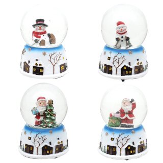 \La boule à neige Père Noël et bonhomme de neige avec motif urbain sur socle, assortie en 4 exemplaires\