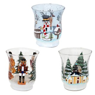 Tealight cup nutcracker, Seiffen, smoking snowman, small, 3 assorted