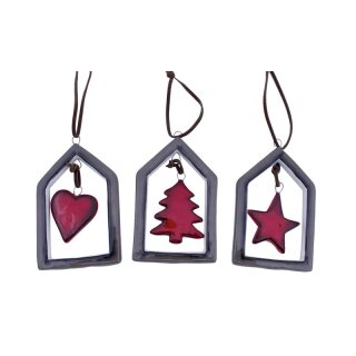 Pendant - in frame tree/heart/star made of ceramic, assorted in 3 colors