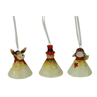 Pendant - bell moose/snowman/angel made of ceramic, assorted in 3 colors