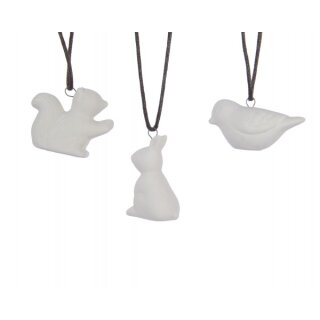 Pendant rabbit / bird / squirrel porcelain, 3 assorted