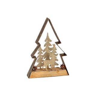 Display fir tree deer decor of metal, wood gold (W/H/D) 14x21x3cm