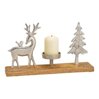 Candle holder deer, tree on mango wood silver metal base (W/H/D) 36x21x7cm