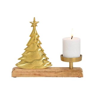 Metal candle holder tree on Manho wood base gold (W/H/D) 22x26x8cm