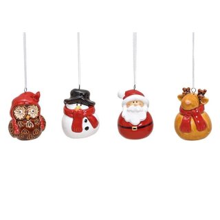 Hanger kerstman, sneeuwpop, uil, eland van keramiek kleurrijk 4-voudig, (B/H/D) 5x6x4cm