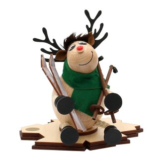 Wooden smoked moose Lars with skis 15x12x15 cm