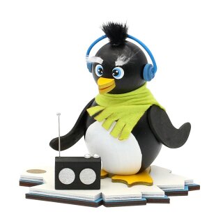 Houten rokende pinguïn "Ric" met radio 15x12x13 cm