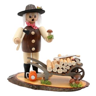Wood smoking man \Christof \the woodsman with wooden cart on bark disc21x10x20 cm
