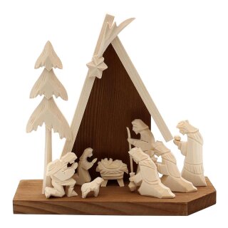 Wooden nativity scene with 8 figures hand carved, 2 colors