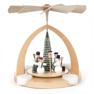 Pyramid with snowmen, natural, for tea lights