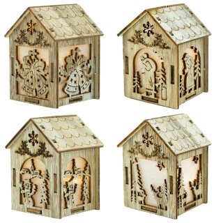 LED wooden house, 4-fold assorted