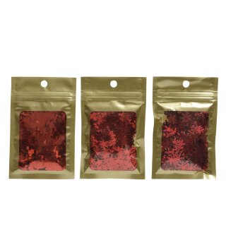 Glitter flakes/star/hexagon red, 3 assorted